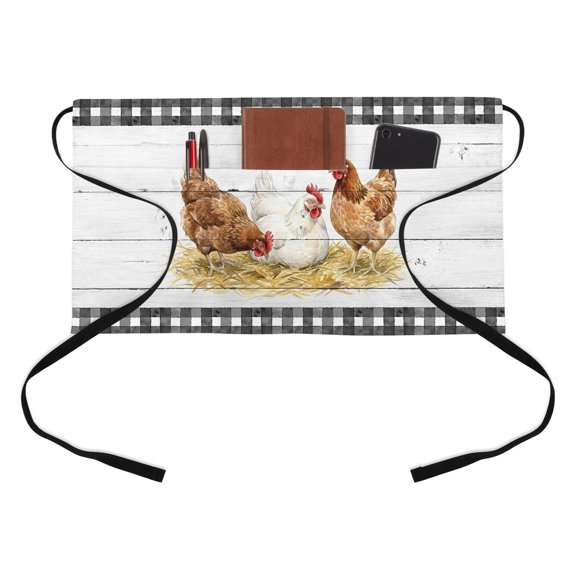 Hen Half Waist Apron Retro Country Straw Hen Wood Grain Black Plaid Short Waiter Aprons with 3 Pockets for Women Men Kitchen Restaurant Cooking