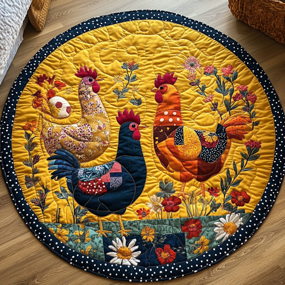 Hen Haven Quilted Round Mat, 3D Optical Illusion Chicken Rug, Cute Hen Floor Mat, Farmhouse Home Decor, Indoor Outdoor Area Rug