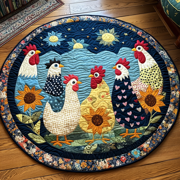 Hen Haven Quilted Round Mat, 3D Optical Illusion Chicken Rug, Cute Hen Floor Mat, Farmhouse Home Decor, Indoor Outdoor Area Rug