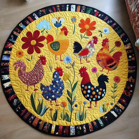 Hen Haven Quilted Round Mat, 3D Optical Illusion Chicken Rug, Cute Hen Floor Mat, Farmhouse Home Decor, Indoor Outdoor Area Rug