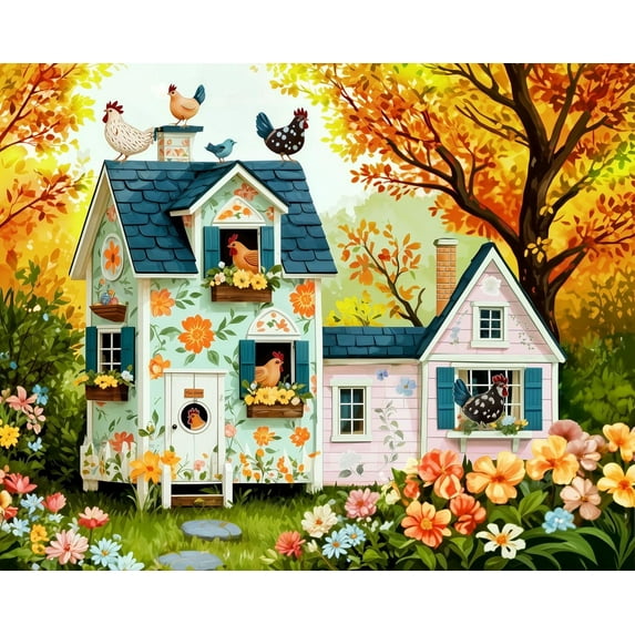 Hen House Hideaway Floral Chicken Coop 1000 Piece Jigsaw Puzzle for Adults, Unique Cut Pieces Farm Life Puzzle for Relaxation and Home Decor