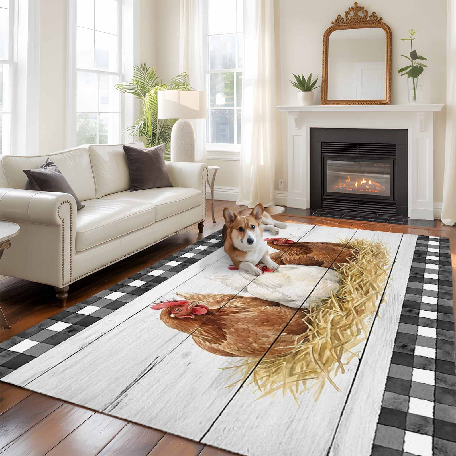 Hen Rug Hen Large Area Rugs 5x8 ft Vintage Farmhouse Hen Straw Wood Grain Black ...