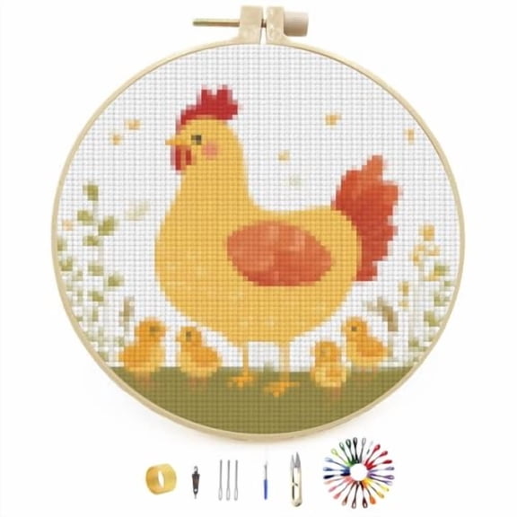 Hen and Little Chicken Stamped Cross Stitch Kits for Beginners with Hoop Simple Patterns 11CT Counted Embroidery Needlepoint Crafts Arts for DIY Enthusiasts and Home Decor 26x26cm(2)