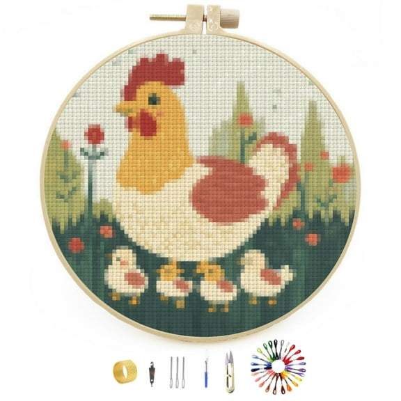 Hen and Little Chicken Stamped Cross Stitch Kits for Beginners with Hoop Simple Patterns 11CT Counted Embroidery Needlepoint Crafts Arts for DIY Enthusiasts and Home Decor 26x26cm(1)