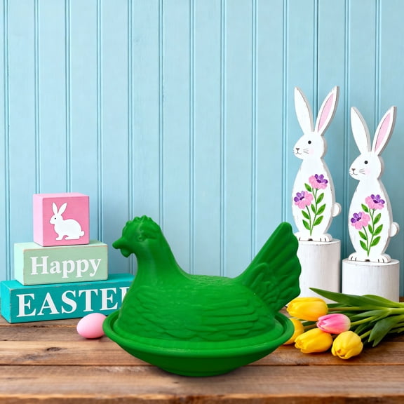 Green Hen on Nest Glass Candy Dish with Lid, 3D Printed Chicken-Shaped Crystal Snack Bowl Jar for Cookies, Fruit, Dessert, Candy Jars, Retro Kitchen Tabletop Decor