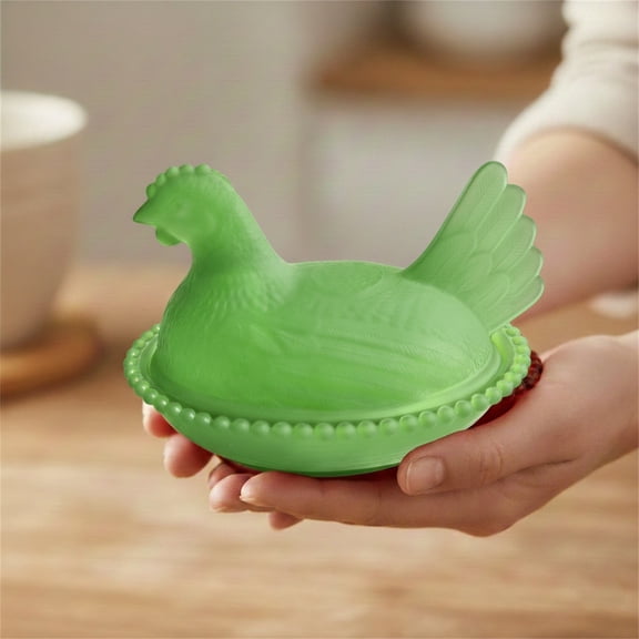 Hen on Nest Glass Dish, Chicken Shaped Candy Dish with Lid, Vintage Candy Bowl for Cookies, Snacks, Dessert and Fruits, Crystal Candy Jar for Home Office Tabletop Decor, Light Green