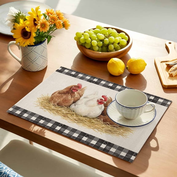 Hen Placemats Set of 1, Vintage Farmhouse Hen Straw Linen Texture Black Plaid Non-Slip Place Mats Washable Table Mats for Kitchen Dining Table Decorations Indoor/Outdoor
