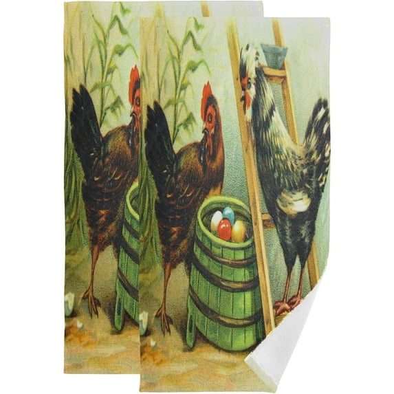 Hen Rooster Nest Hand Towels 2 PCS, Easter Colorful Eggs Kitchen Towel Ultra Soft and Highly Absorbent,Decorative Fingertip Face Towel for Bathroom Hotel, 28.3"x14.4"