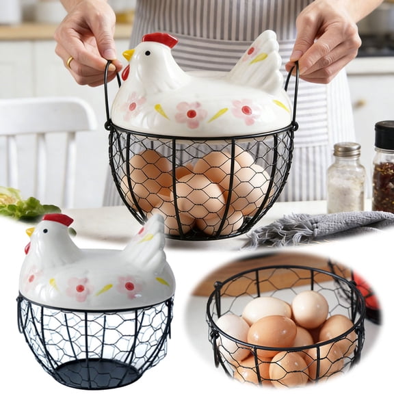 Hen-Shaped Ceramic Egg Storage Container with Adjustable Dividers, Storage Container and Organizer,Stackable Refrigerator Organizer - Secure Lid Egg Holder for Kitchen Counter & Dining Display (F)