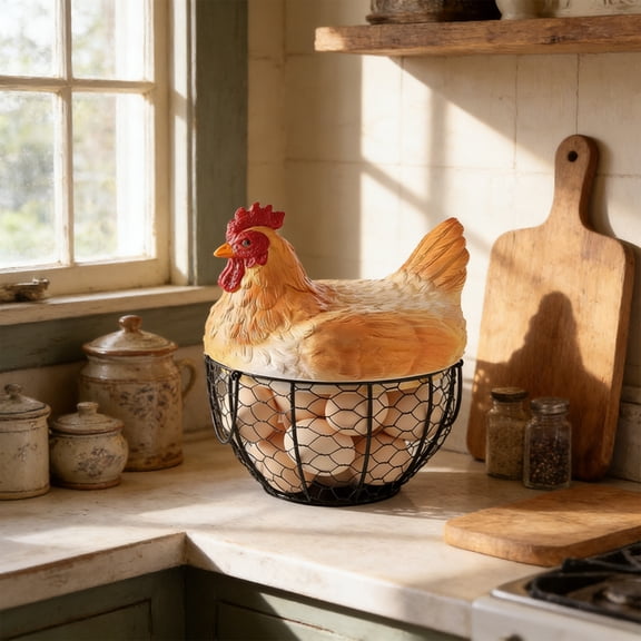 Hen Shaped Decorative Storage Basket, Wrought Iron Resin Farmhouse Kitchen Counter Organizer, Open Weave Design Ventilation Basket for Eggs, Fruits, Snacks, Garlic, Rustic Country Home Decor, Brown