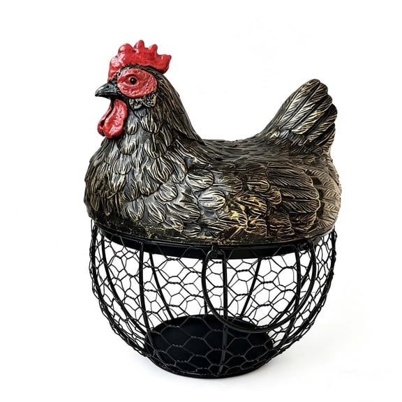 Hen Shaped Egg Storage Basket Resin Lid Metal Wire Organizer For Kitchen Countertop Black