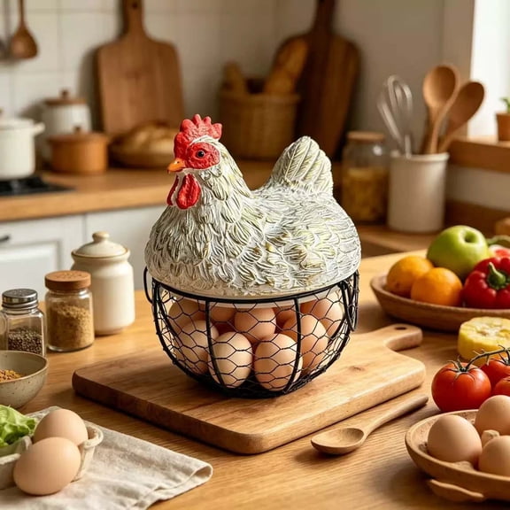 Hen Shaped Egg Storage Basket, Resin Lidded Chicken Container, Rustic Farmhouse Countertop Organizer for Kitchen Pantry Fresh Egg Fruit Sundry Storage