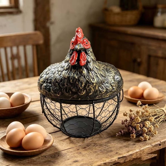Hen Shaped Egg Storage Basket, Resin Lidded Chicken Container, Rustic Farmhouse Countertop Organizer for Kitchen Pantry Fresh Egg Fruit Sundry Storage