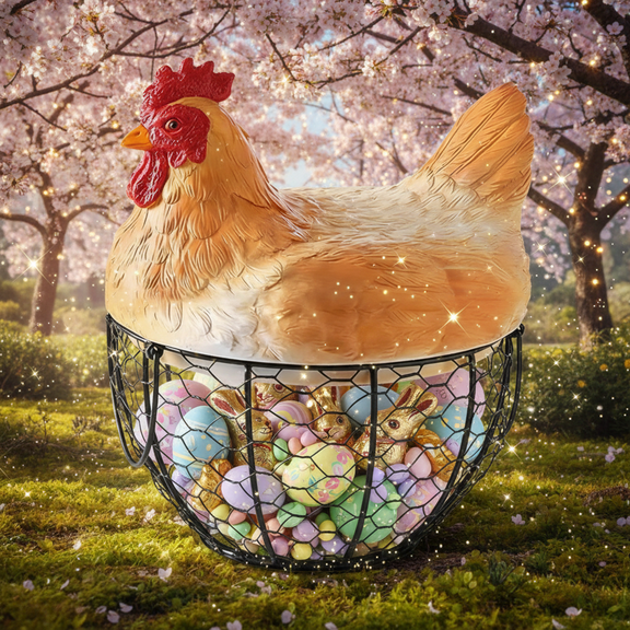 Hen-Shaped Egg Storage Basket with Wire Mesh, Detailed Resin Chicken Topper and Robust Wrought Iron Frame for Farmhouse Kitchen Organization and Country Home Decor