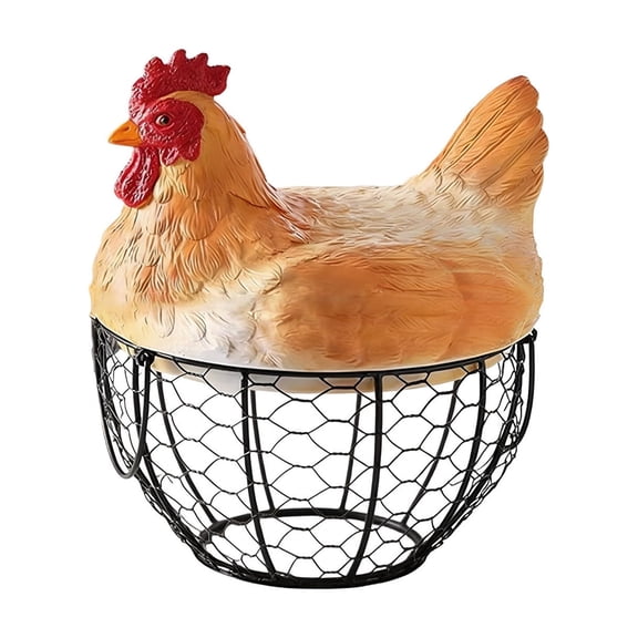 Hen Shaped Storage Basket, Wrought Iron Wire Kitchen Organizer for Fruits and Snacks, Decorative Farmhouse Egg Basket, Rustic Countertop and Table Decor for Home and Dining Room