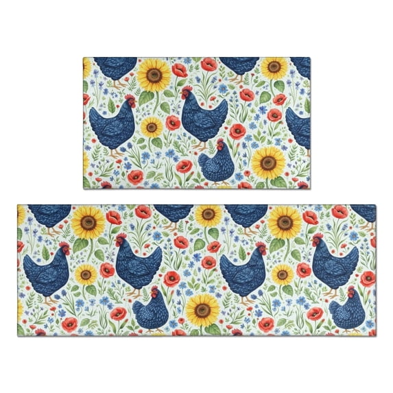 Hen and Sunflower White Pattern Anti Fatigue Kitchen Rugs Set Of 2, Non Slip Washable Decorative Floor Mats for Kitchen Sink Laundry, 17"x30" and 17"x47"