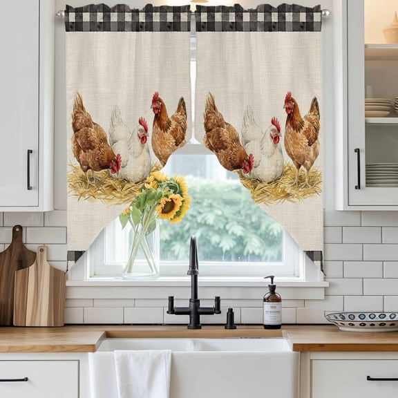 Hen Swag Curtain Valance for Windows, Retro Country Straw Hen Linen Texture Black Plaid Window Treatments Short Swag Topper for Kitchen Windows Bathroom Bedroom, 36"x36"
