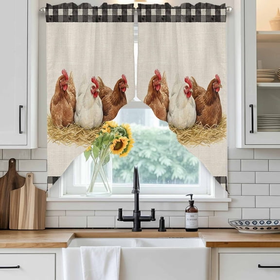 Hen Swag Curtain Valance for Windows, Vintage Farmhouse Hen Straw Linen Texture Black Plaid Window Treatments Short Swag Topper for Kitchen Windows Bathroom Bedroom, 36"x36"