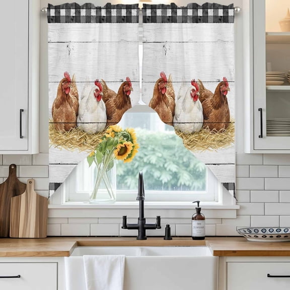Hen Swag Curtain Valance for Windows, Vintage Farmhouse Hen Straw Wood Grain Black Plaid Window Treatments Short Swag Topper for Kitchen Windows Bathroom Bedroom, 36"x36"