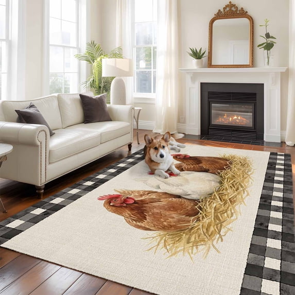 Hen Washable Area Rug 6x9 Vintage Farmhouse Hen Straw Linen Texture Black Plaid Low-Profile Large Area Rugs with Non Slip Backing Indoor Floor Carpet for Entrance Living Room Bedroom Home Office