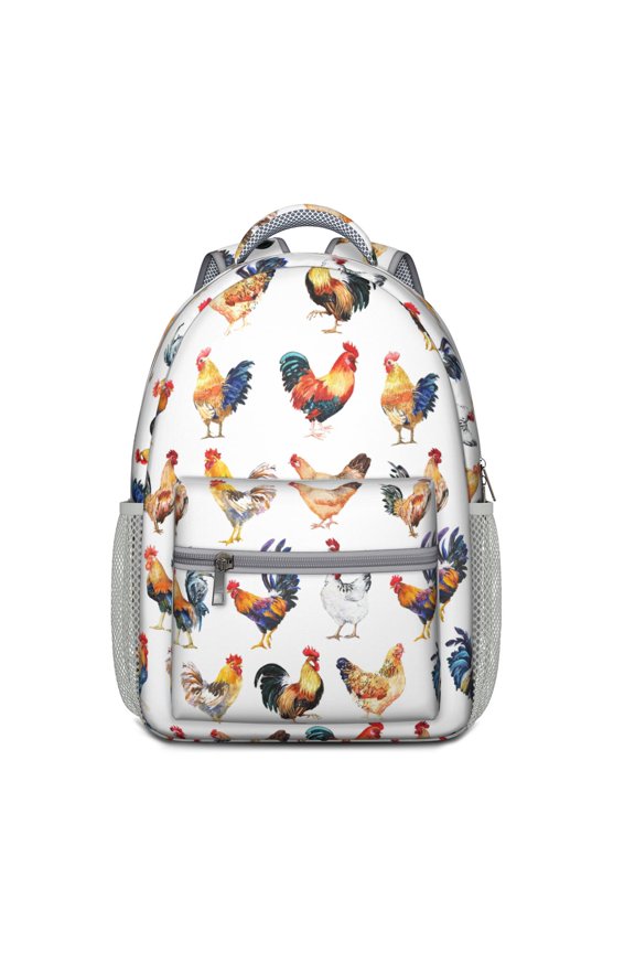 Hen and Butterfly Design Student Backpack - Waterproof Durable Bag with Rooster Print & Adjustable Straps