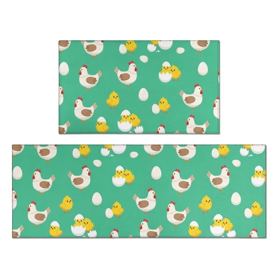 Hen and Egg Green Pattern Anti Fatigue Kitchen Rugs Set Of 2, Non Slip Washable Decorative Floor Mats for Kitchen Sink Laundry, 17"x30" and 17"x47"