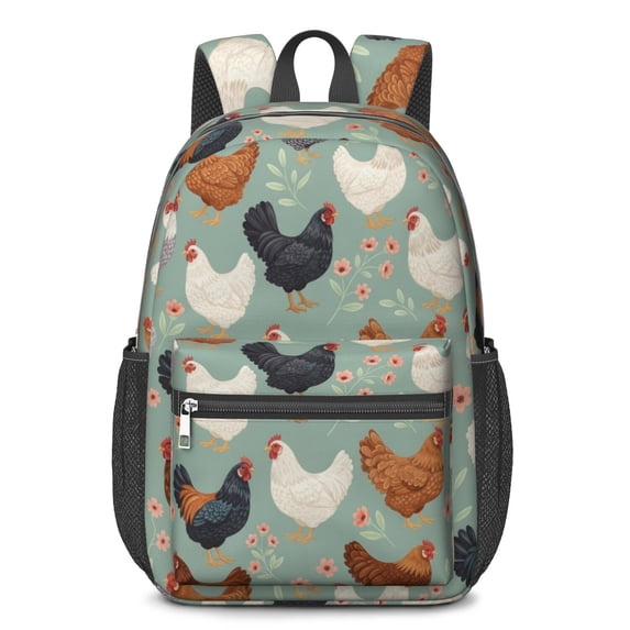 Hen and Floral Teal Pattern 17" School Backpacks for Teens,Waterproof Oxford Fabric,S-Shape Padded Straps for School,Travel,Hiking,Camping