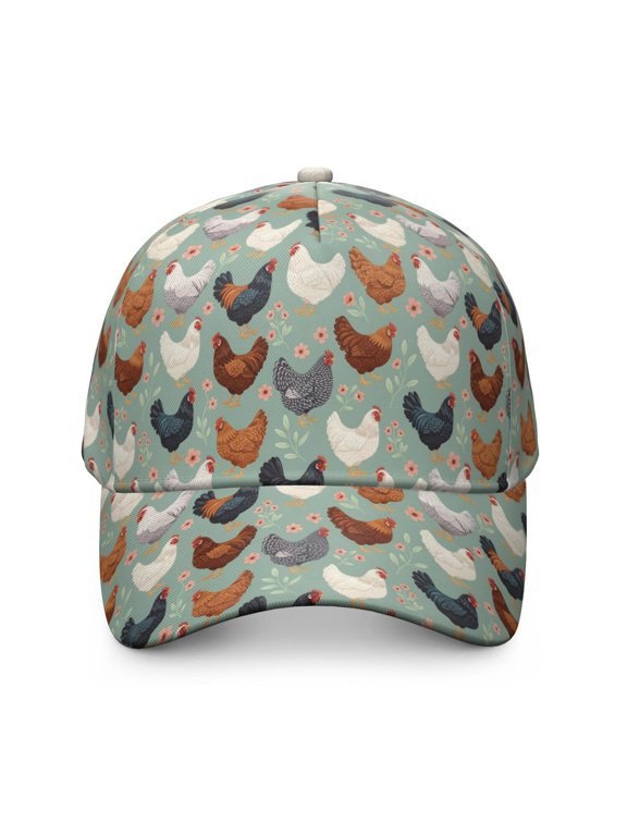 Hen and Floral Teal Pattern Baseball Cap, Outdoor Travel Cap with Snap Closure & Sweatband, Rigid Flat Brim Gifts for Unisex Men Women
