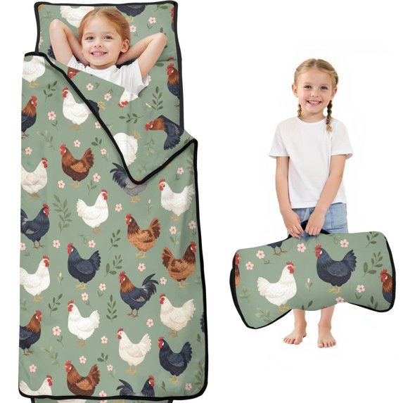 Hen and Floral Teal Pattern Teens Toddler Nap Mat with Pillow, Sleeping Mat Bag for Preschool Daycare 59"x22"
