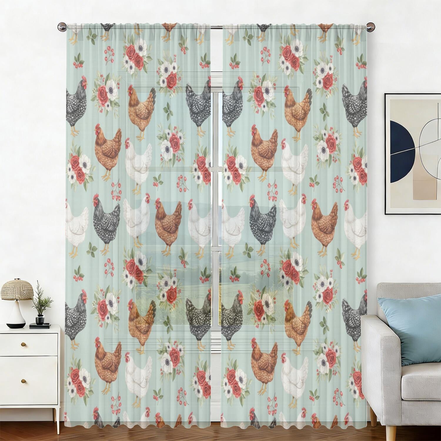 Hen and Rose Green Pattern Sheer Curtains, Sheer Curtain Panels with ...