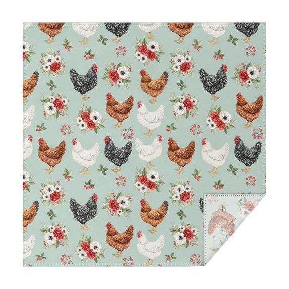 Hen and Rose Green Pattern Square Tablecloth, Waterproof Wipeable Spillproof Washable Table Cover for Home Kitchen Party and Daily Decor 60"x60"