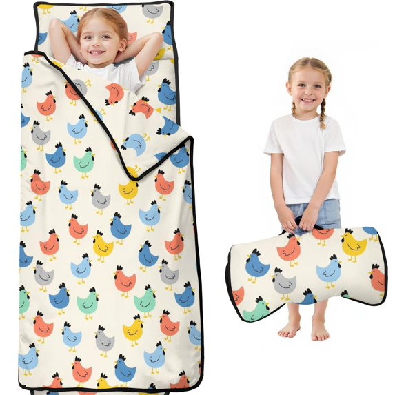 Hen and Silhouette Cream Pattern Teens Toddler Nap Mat with Pillow, Sleeping Mat Bag for Preschool Daycare 59"x22"