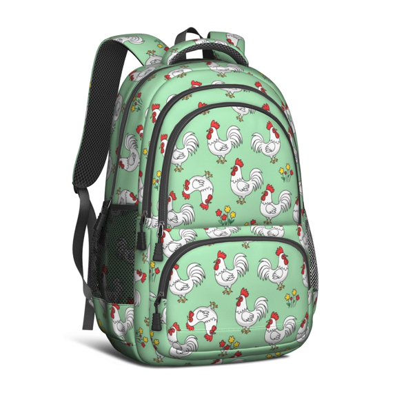 Hen and Tail Green Pattern Cute School Backpack Bag with Padded Back and Adjustable Shoulder Straps 16.9 X 12.6 X 5.9 Inches