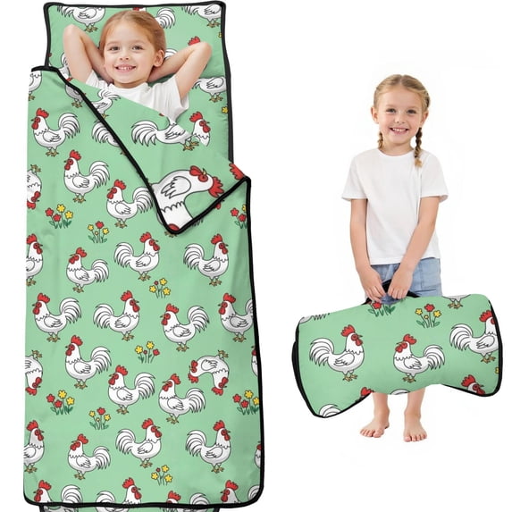 Hen and Tail Green Pattern Teens Toddler Nap Mat with Pillow, Sleeping Mat Bag for Preschool Daycare 60"x20"