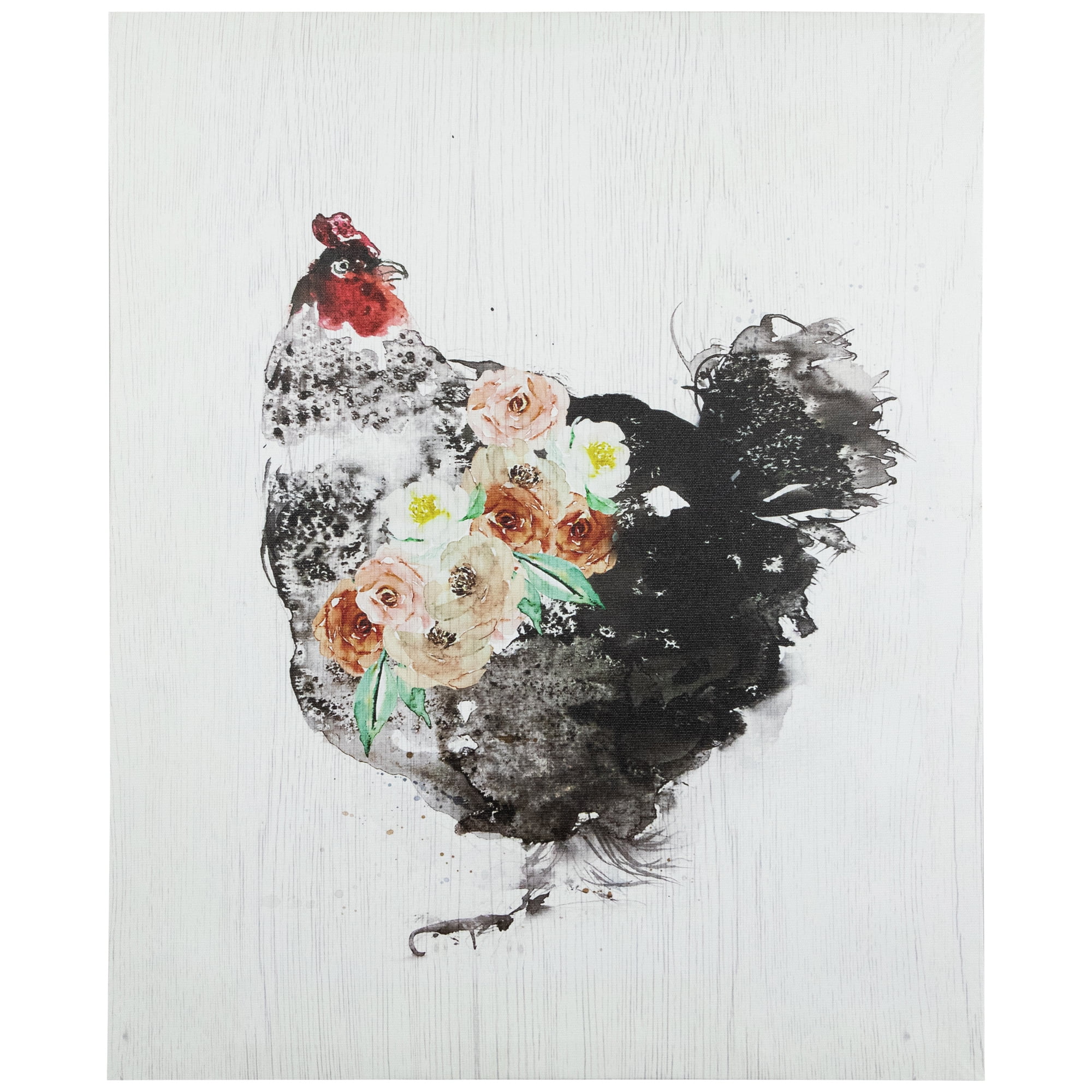 Rustic Black Hen with Flowers Canvas Wall Art, 19.5" x 15.75"