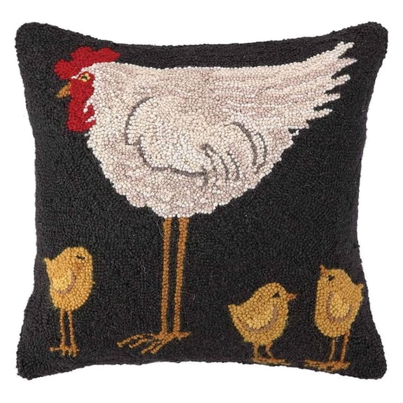Hen with Three Chicks by Lisa Hilliker 18" Square Hooked Wood Throw Pillow