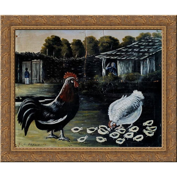 Hen with her chicks 24x20 Gold Ornate Wood Framed Canvas Art by Pirosmani, Niko