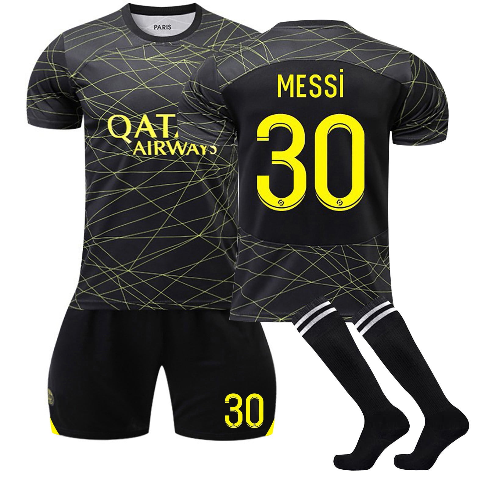 HenJI 22/23 Paris FC Third Away Game Short Sleeve Soccer Jersey, 30 MESSI Black with Yellow