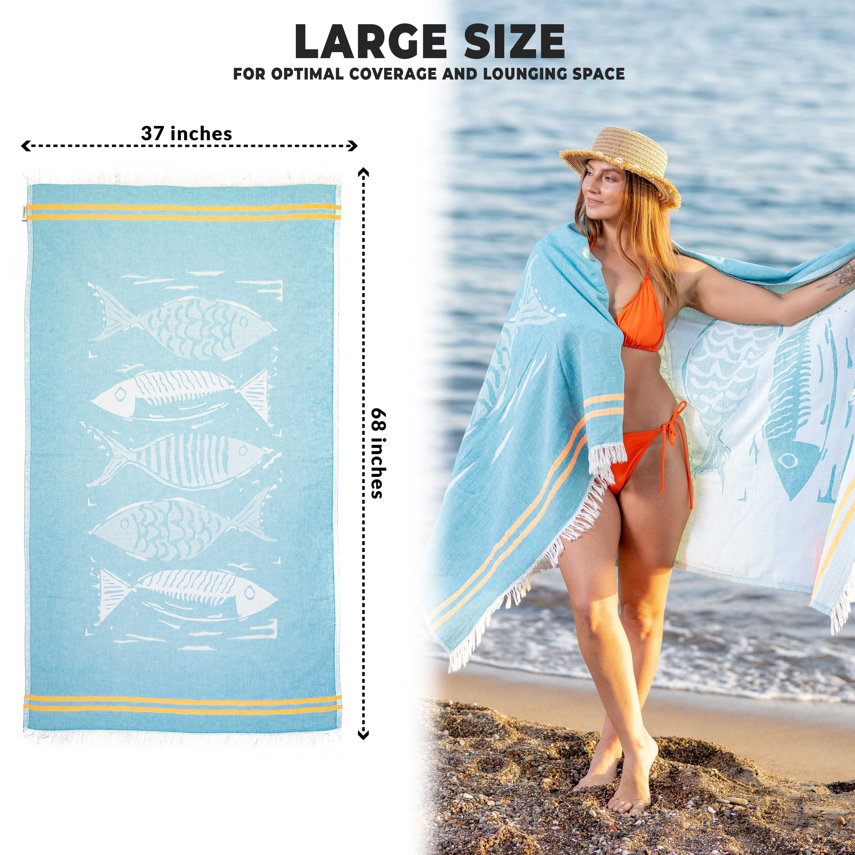 Hencely Beach Towels, 100% Cotton Soft Turkish Large Beach Towel 37 x 68 Inches for SPA, Beach, Pool, Gym and Bathroom (Aqua Fish)