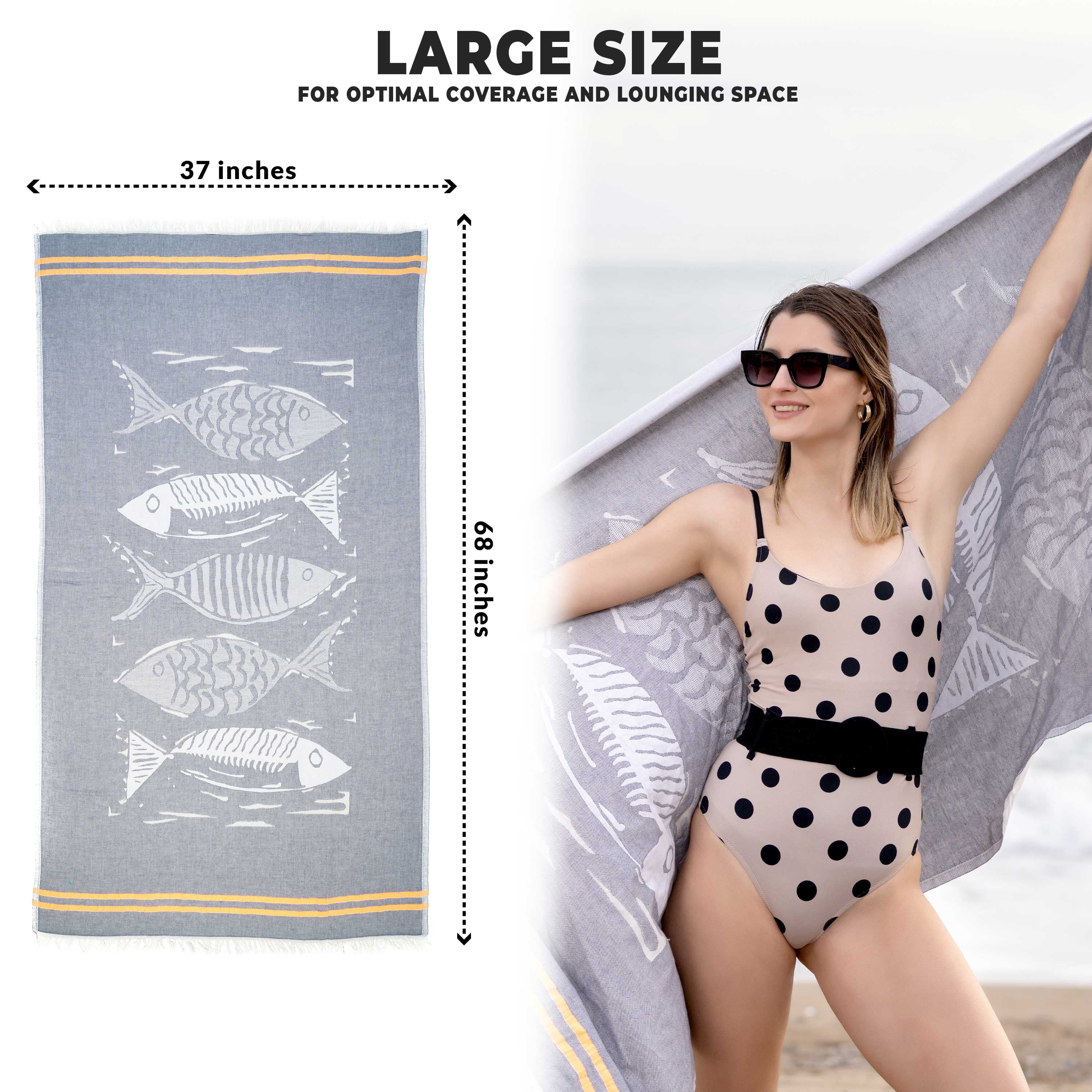Hencely Beach Towels, 100% Cotton Soft Turkish Large Beach Towel 37 x 68 Inches for SPA, Beach, Pool, Gym and Bathroom (Gray Fish)
