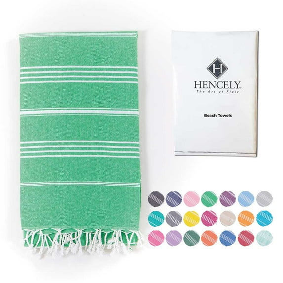 Hencely Large Beach Towel 37x70 inch Striped 100% Turkish Cotton - Green