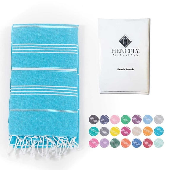 Hencely Large Beach Towel 37x70 inch Striped 100% Turkish Cotton - Turquoise