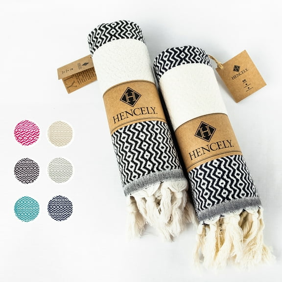 Hencely Turkish Hand Towel Set of 2 - Diamond Kitchen Dish Towel - Black