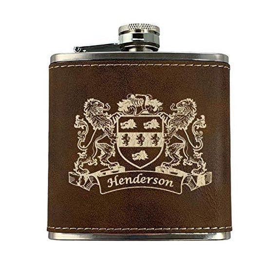 Henderson Irish Coat of Arms Leather Flask - Rustic Brown