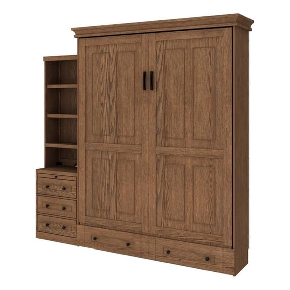 RoomAndLoft Queen Wood Murphy Wall Bed & Shelf Storage with Drawers in Brown