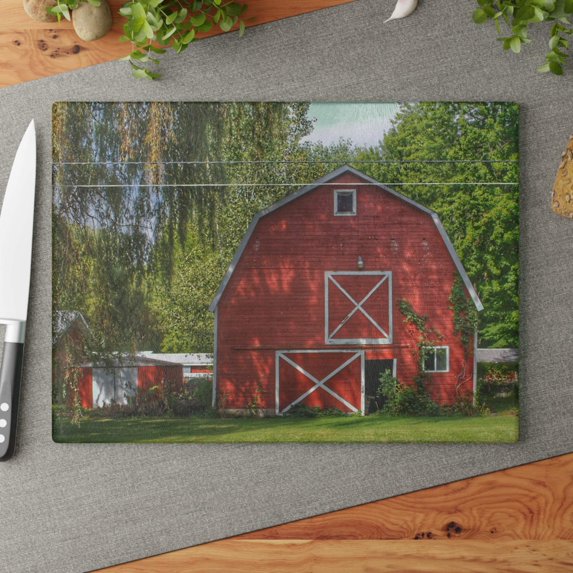 U R There Photography Henderson Red Rustic Farmhouse Tempered-Glass Cutting Board 11"x 15"