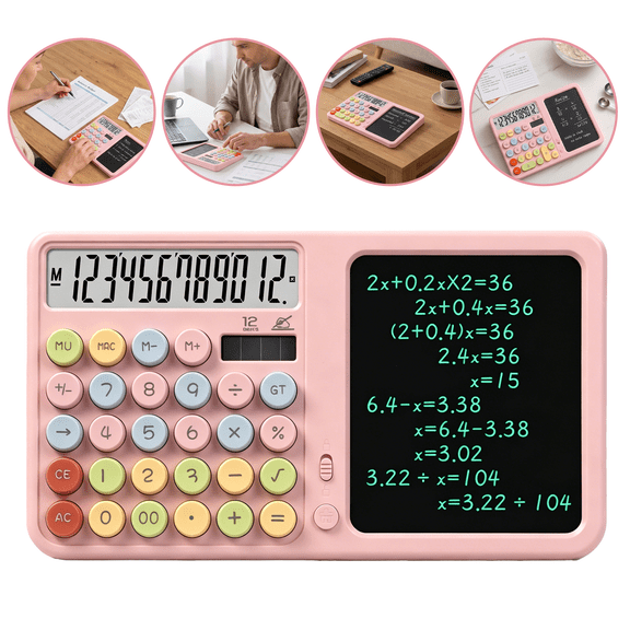 Hendoct 12-Digit Dual Power Silent Calculator Pink, Includes Handwriting Tablet & Stylus for Office School Use