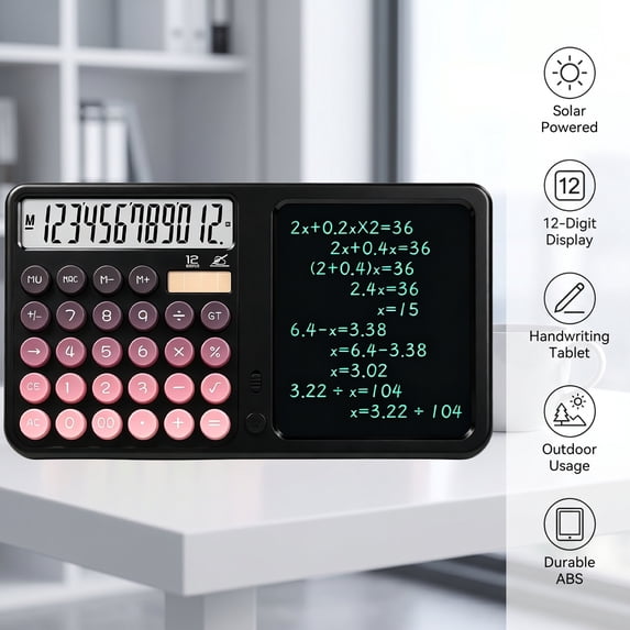 Hendoct Black Silent Calculator with Handwriting Tablet, 12-Digit Dual Power Desk Tool, Stylus for Office School Gift