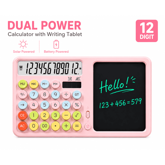 Hendoct Pink Silent Calculator with Handwriting Tablet, 12-Digit Dual Power Desk Tool, Stylus for Office School Gift