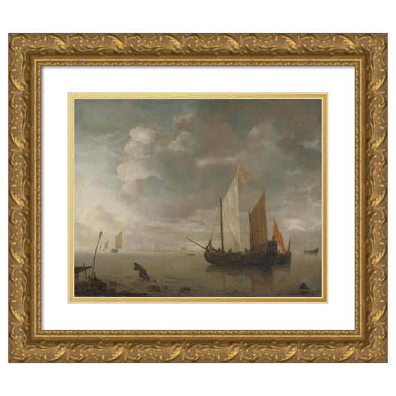 Hendrick Jacobsz. Dubbels 18x15 Gold Ornate Wood Frame and Double Matted Museum Art Print Titled - Calm Sea (1650 - 1676)